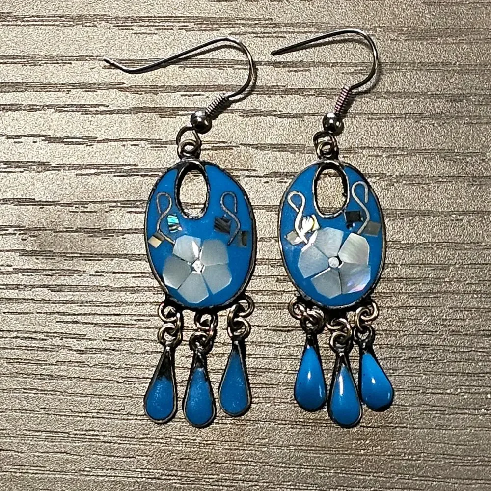 Vintage Alpaca Silver & Blue Enamel Dangle Earrings with Mother of Pearl Flowers